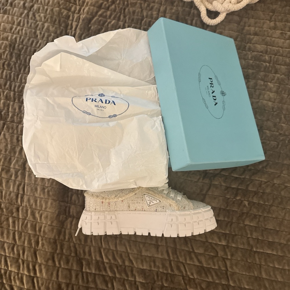Prada Light Beige Sneakers with Blue Box
